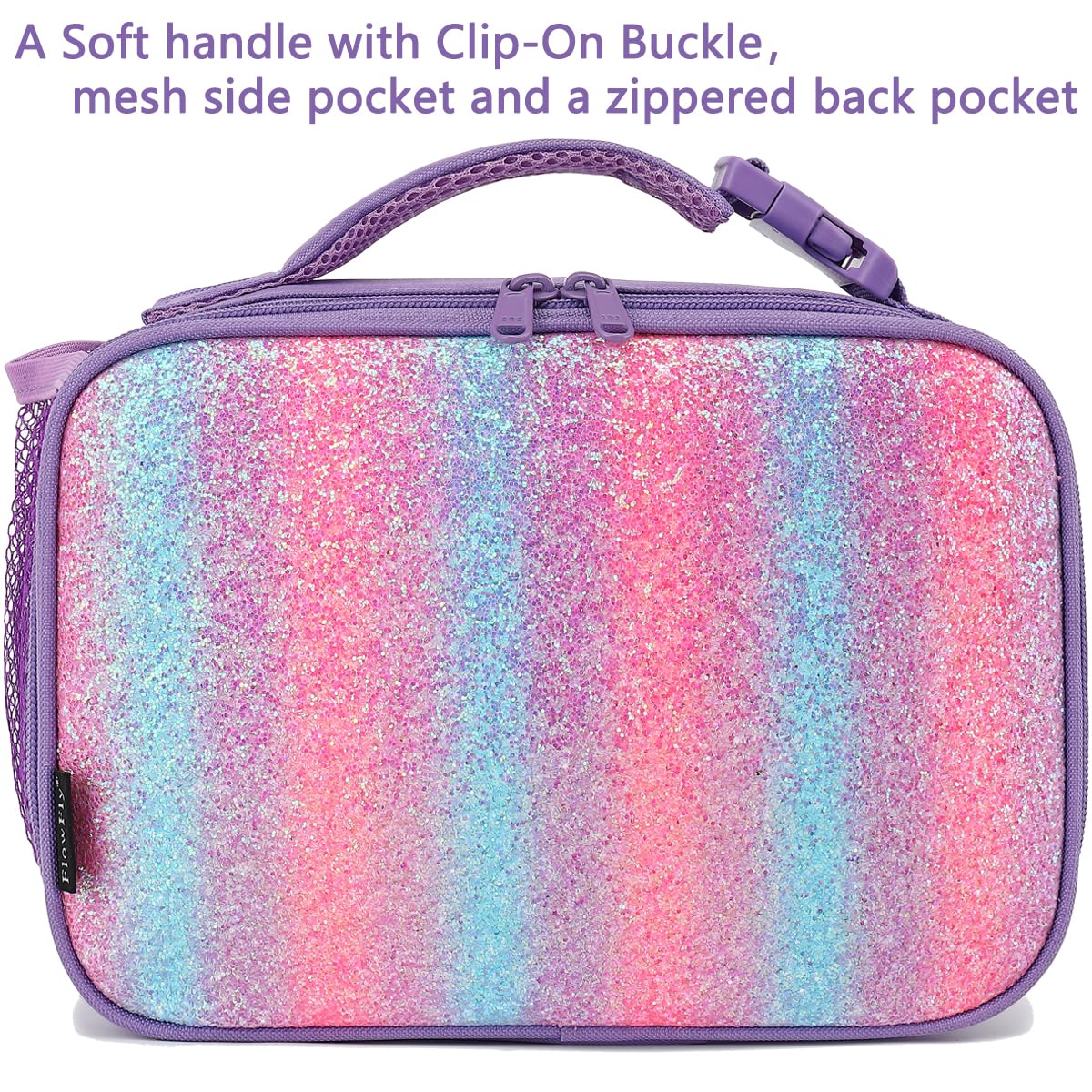 FlowFly purple glitter lunch bag side pocket highlights extra storage for utensils.