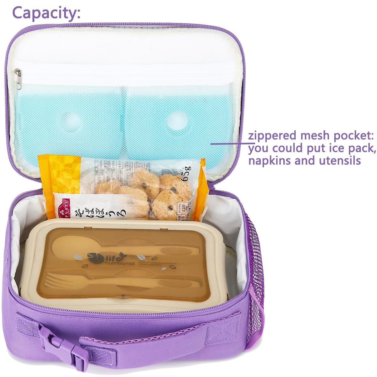 FlowFly purple glitter lunch bag with strap highlights portable, travel-friendly design.