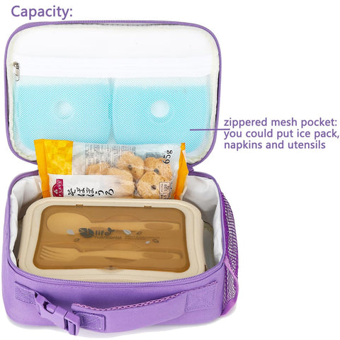FlowFly purple glitter lunch bag with strap highlights portable, travel-friendly design.