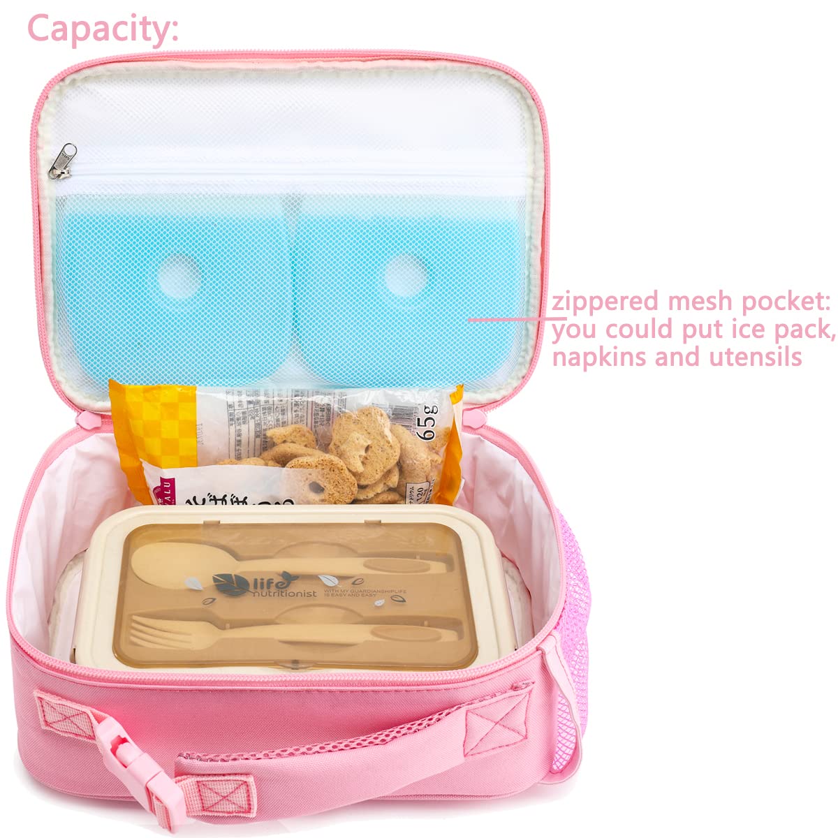 FlowFly Kids Lunch Bag spacious dimensions for containers and multiple snacks.