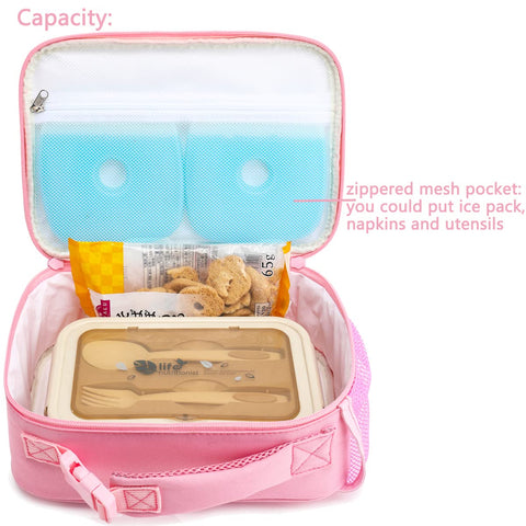 FlowFly Kids Lunch Bag spacious dimensions for containers and multiple snacks.