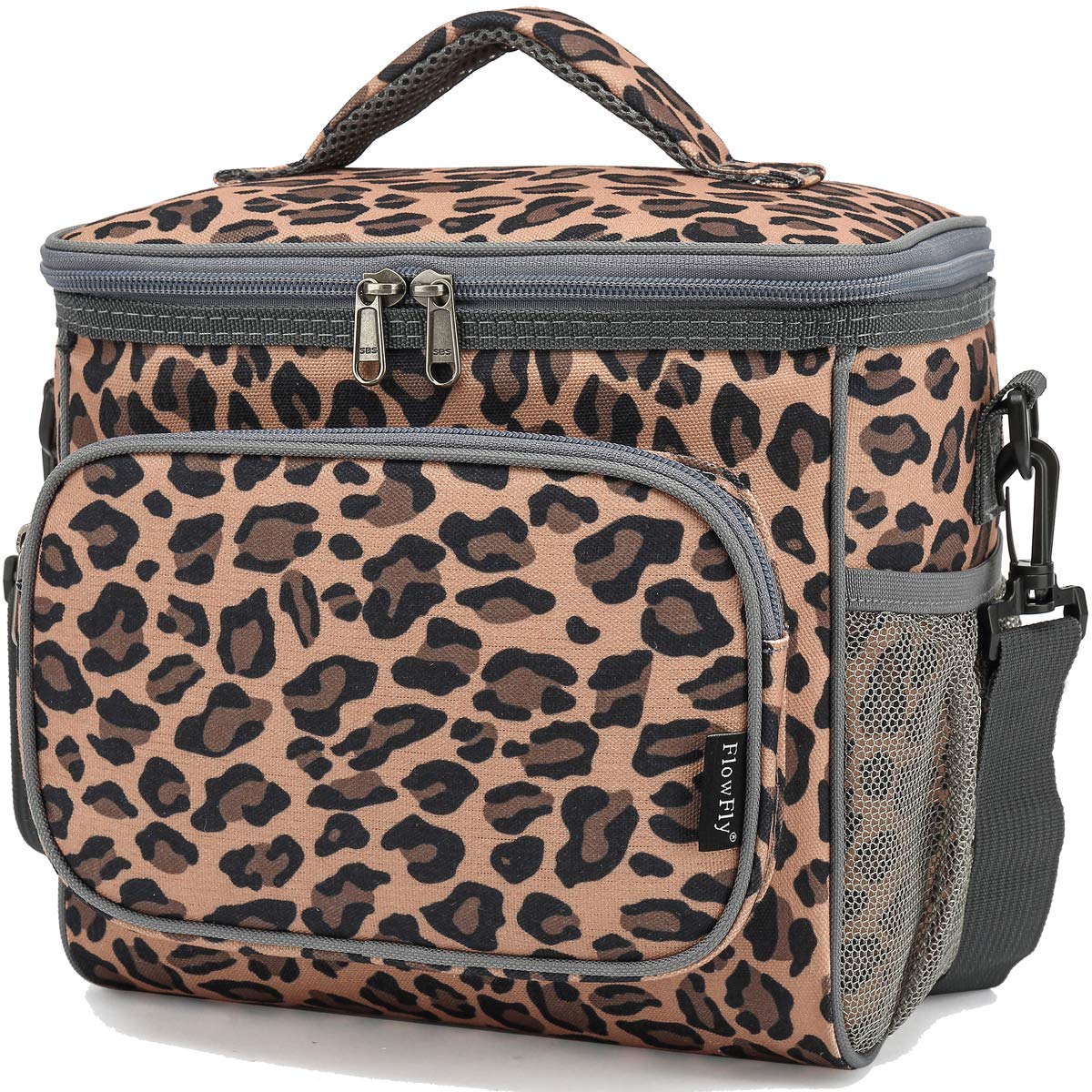 FlowFly Leopard lunch bag 600D polyester and insulation for durable use.