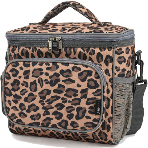 FlowFly Leopard lunch bag 600D polyester and insulation for durable use.