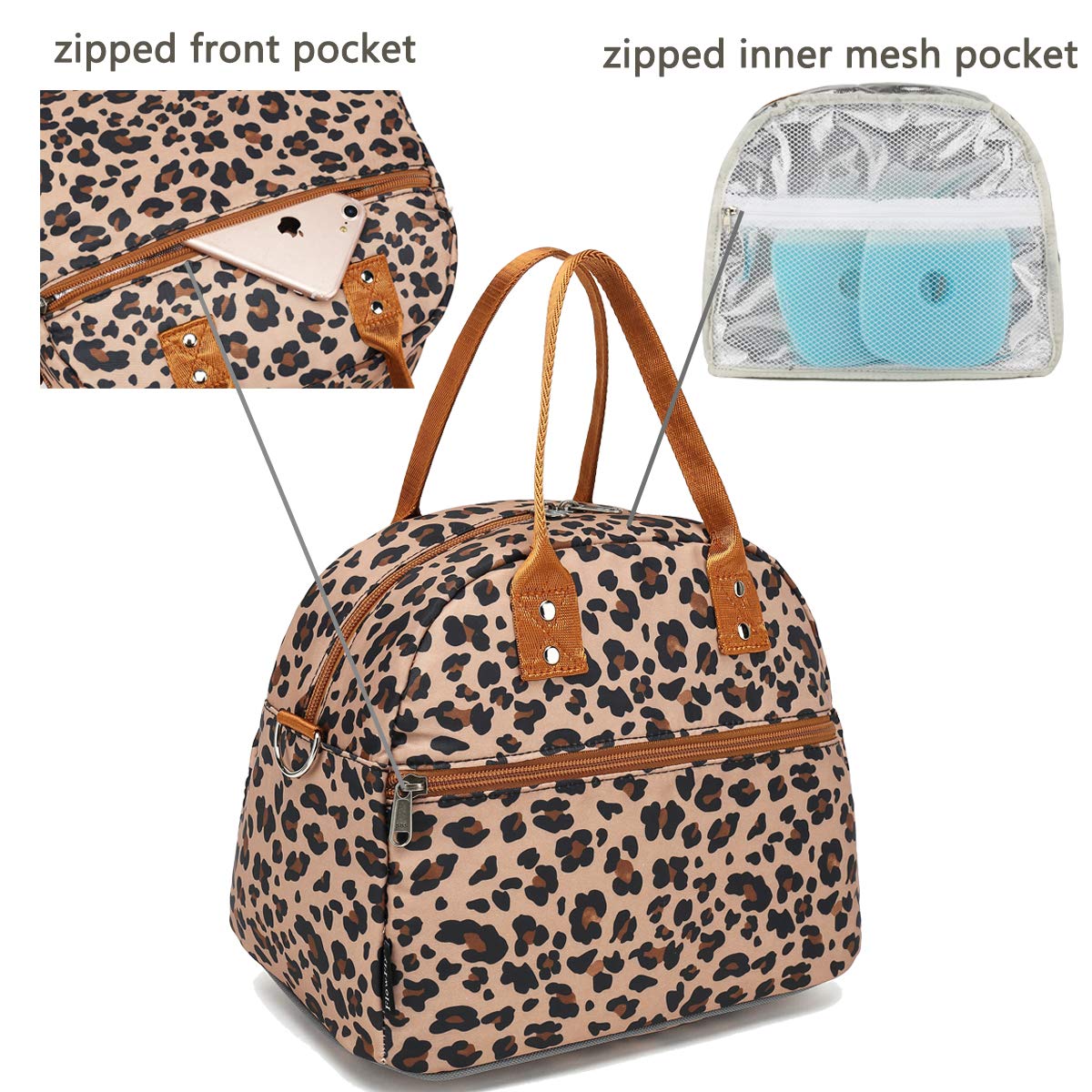 FlowFly Leopard lunch bag open top reveals roomy interior for meals and snacks
