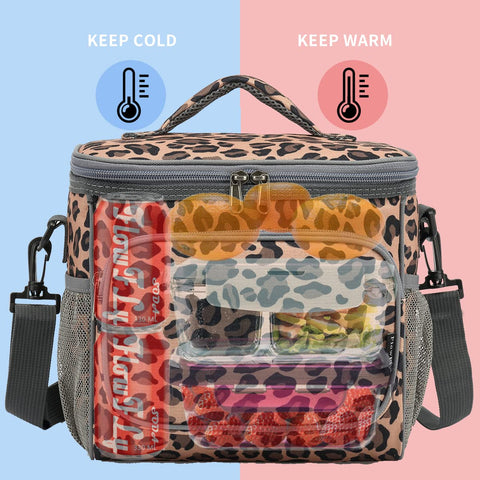 FlowFly Leopard lunch bag side mesh pockets ideal for drinks or utensils.