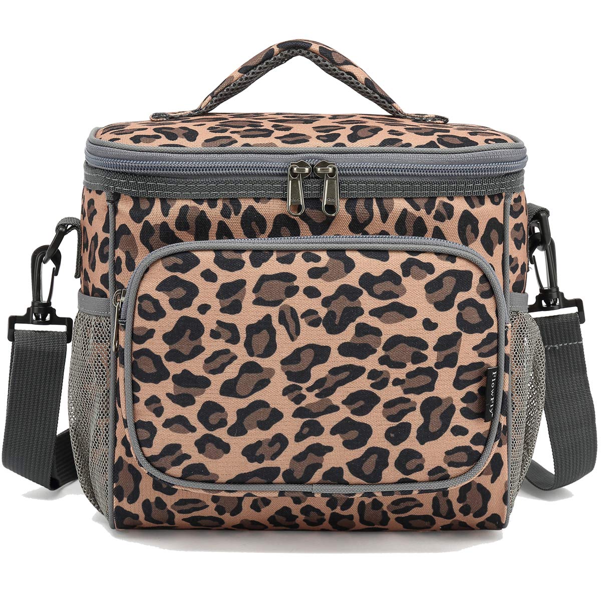 FlowFly Leopard lunch bag water bottle pocket keeps drinks accessible.
