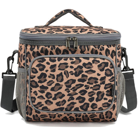 FlowFly Leopard lunch bag water bottle pocket keeps drinks accessible.