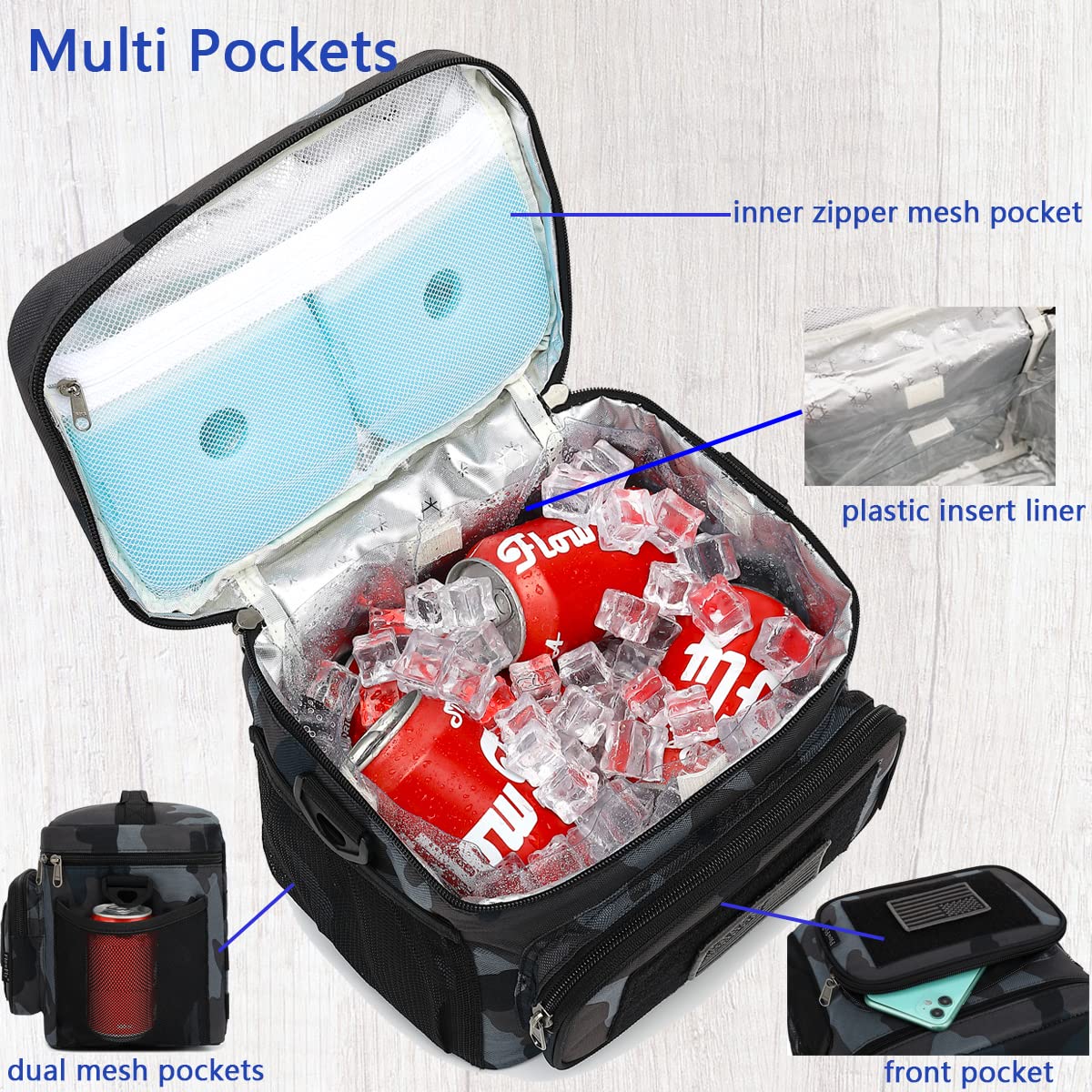 FlowFly lunch bag front pocket stores utensils and small items.