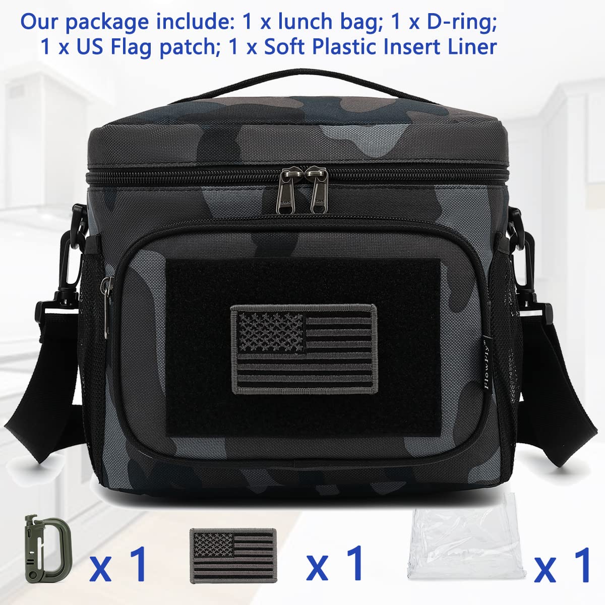 FlowFly lunch bag shows MOLLE/PALS webbing for modular attachments.