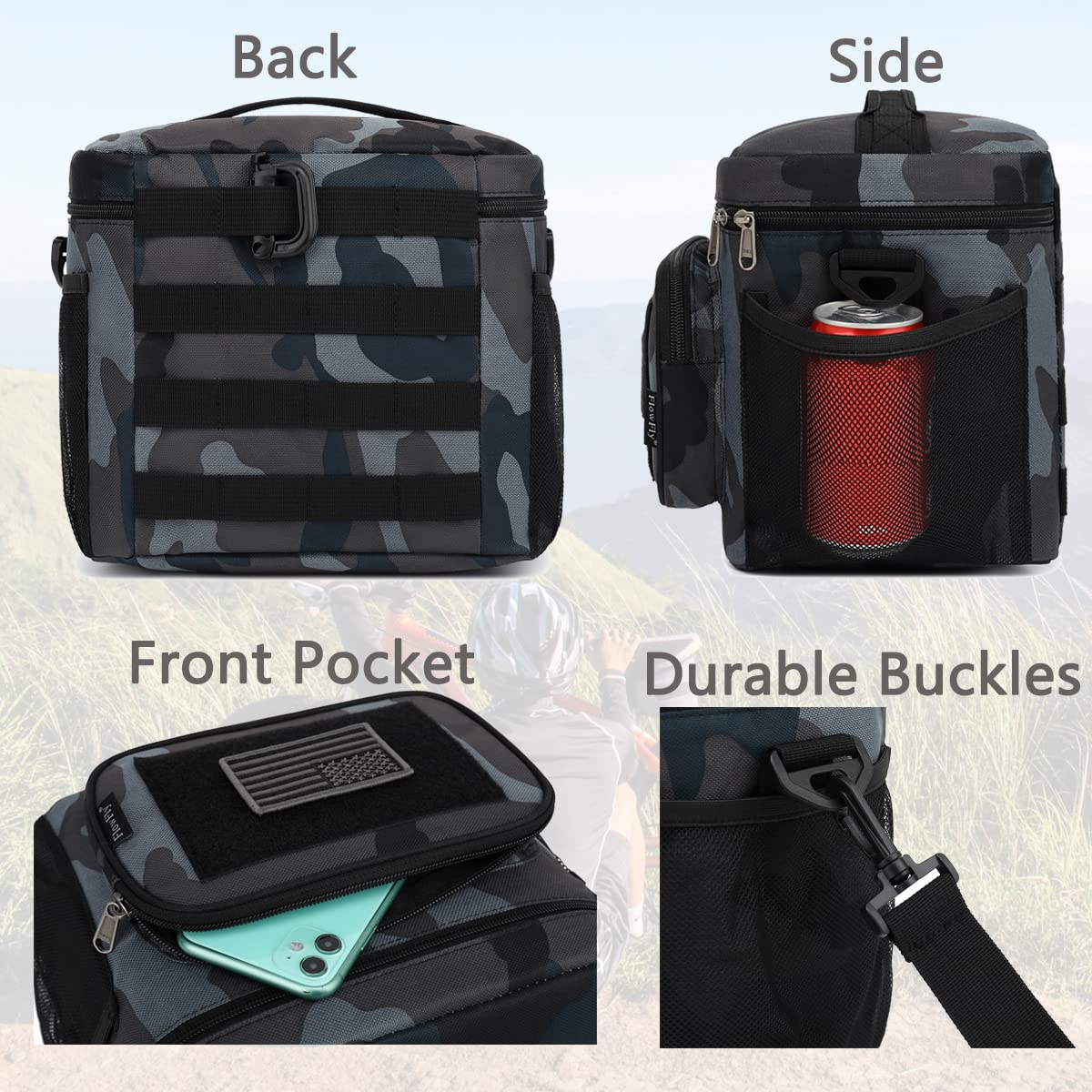 FlowFly lunch bag side mesh pockets offer quick access.