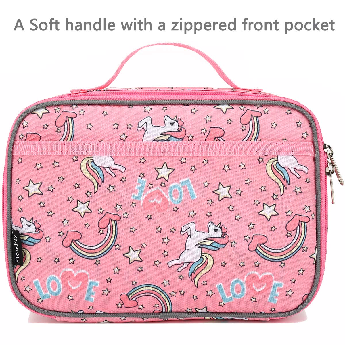 FlowFly lunch bag front pocket close-up highlights convenient storage for snacks