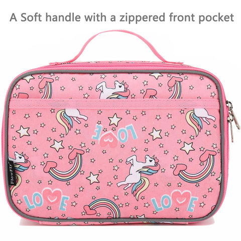 FlowFly lunch bag front pocket close-up highlights convenient storage for snacks
