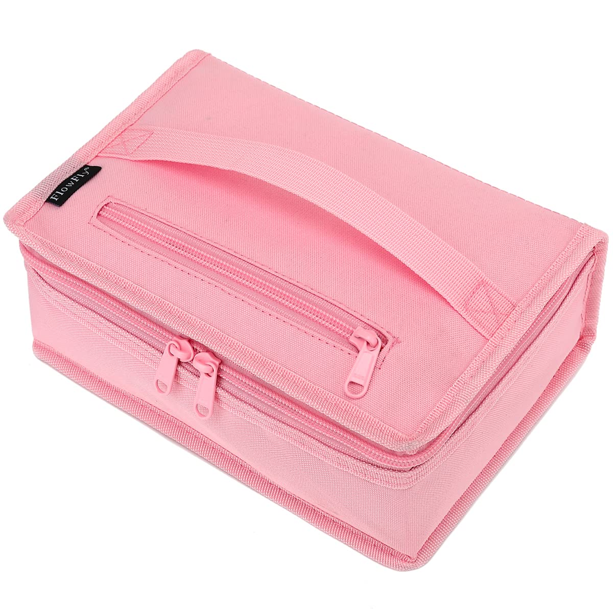 FlowFly pink insulated lunch bag top view showing compact portability
