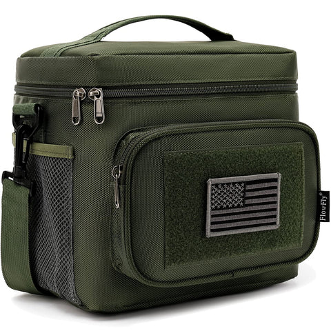FlowFly Tactical Lunch Bag front view highlighting rugged build and roomy interior.