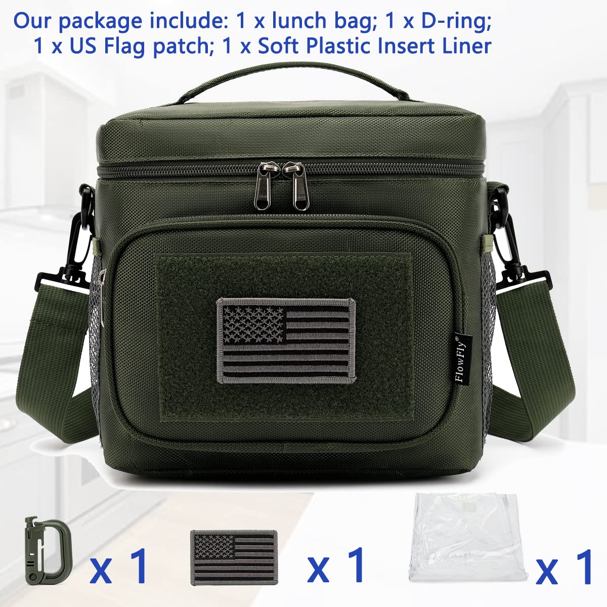 FlowFly Lunch Bag side pockets shown for utensils and napkins.