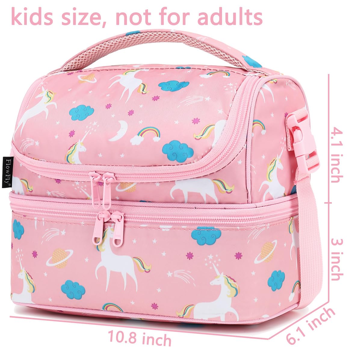 FlowFly unicorn lunch bag with adjustable strap for versatile wear.
