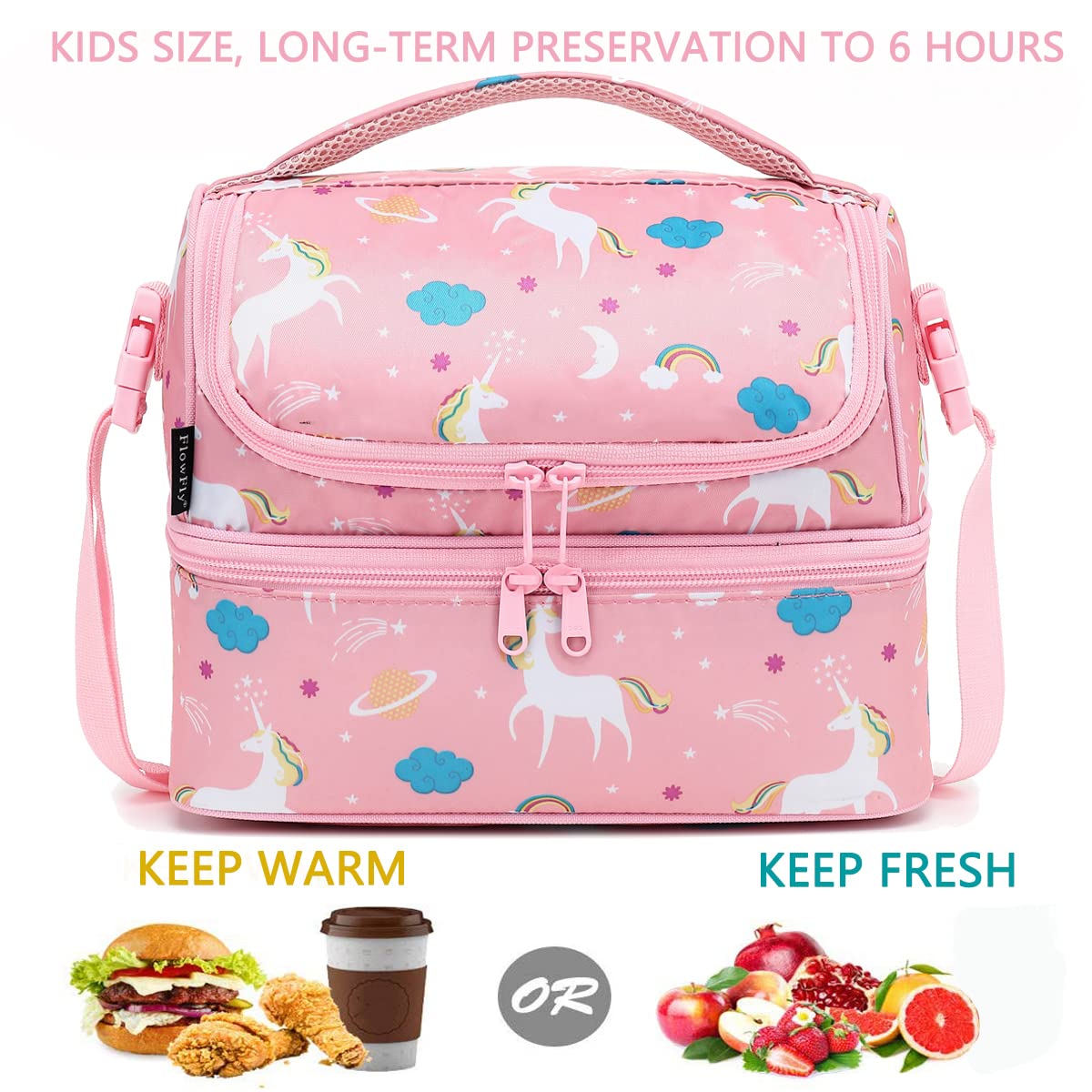 FlowFly unicorn lunch bag bottom compartment stores meals and containers.