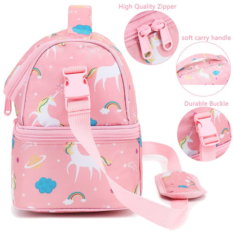 FlowFly unicorn lunch bag compact design fits in backpacks easily.