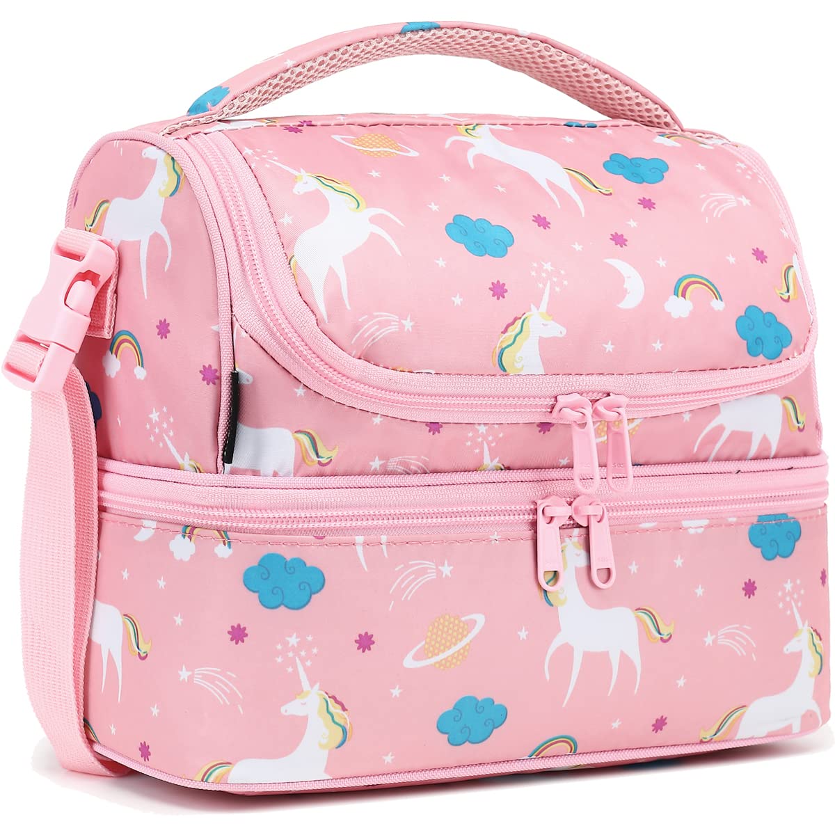 FlowFly unicorn lunch bag top compartment for fruits and snacks on the go.