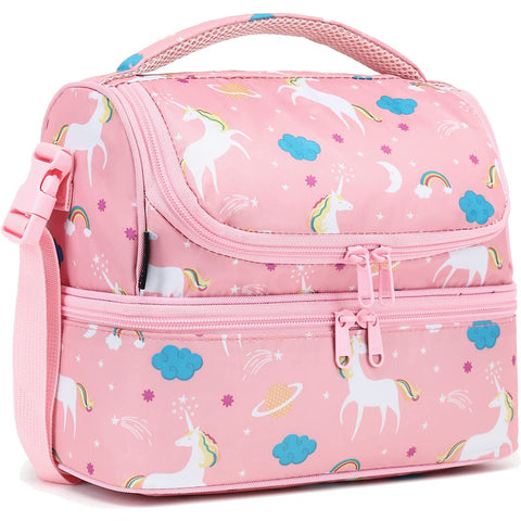 FlowFly unicorn lunch bag top compartment for fruits and snacks on the go.