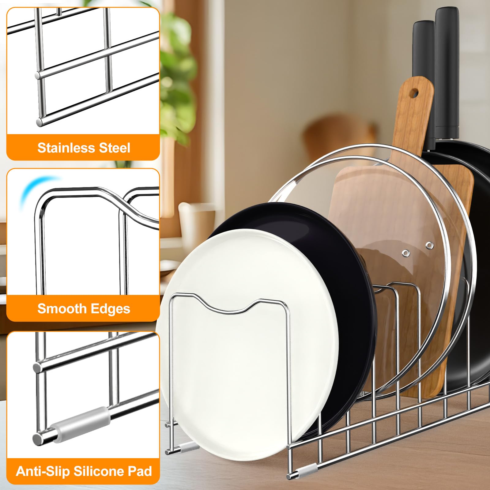 FLSEPAMB lid organizer stores bakeware and lids efficiently, saving space