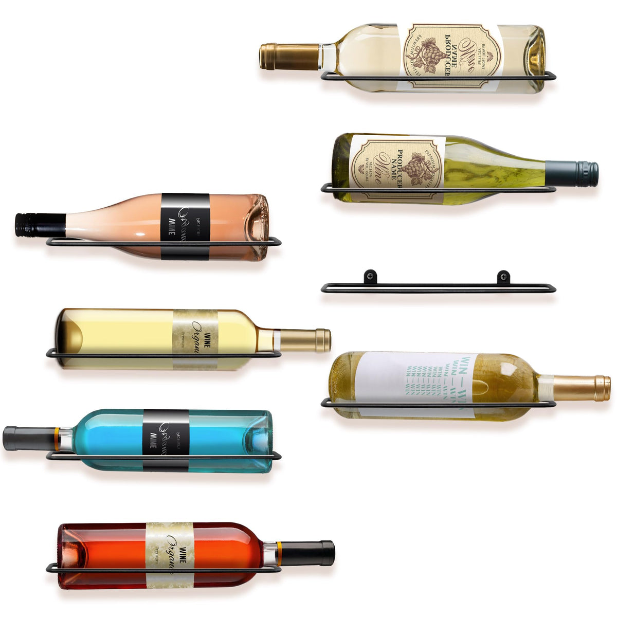FLstudio 8-bottle wall mount wine rack on display, freeing counter space and showing a neat collection