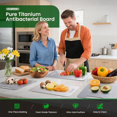 Flurose titanium cutting board set medium in action for slicing vegetables.