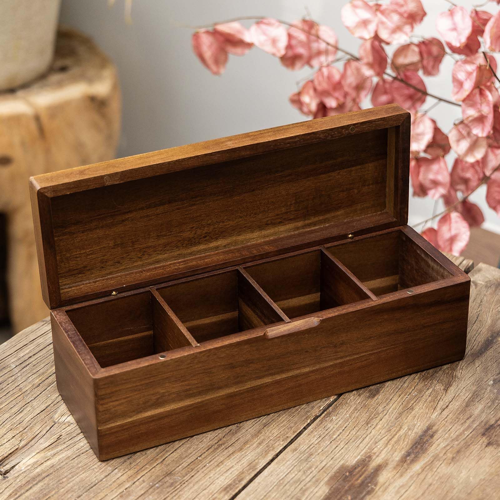 Flyiee Acacia tea bag organizer compartments view showing efficient organization