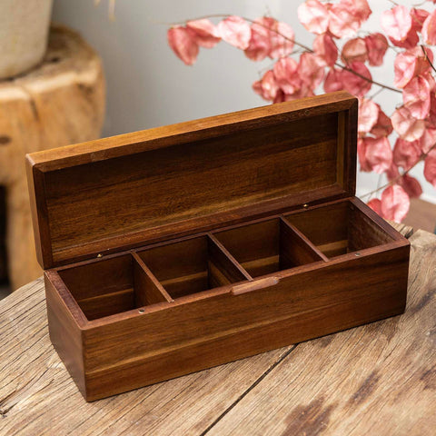 Flyiee Acacia tea bag organizer compartments view showing efficient organization