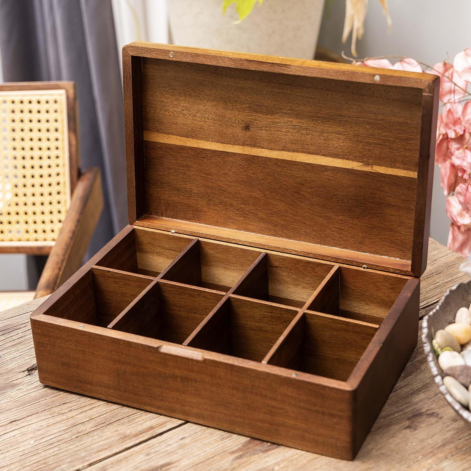 FLYIEE Acacia tea bag chest on a countertop ready to organize tea bags