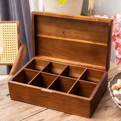 FLYIEE Acacia tea bag chest on a countertop ready to organize tea bags