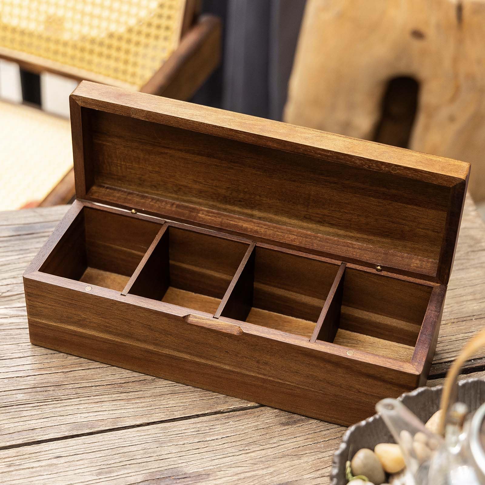 Flyiee Acacia tea bag organizer detailed side view reveals smooth finish and craftsmanship
