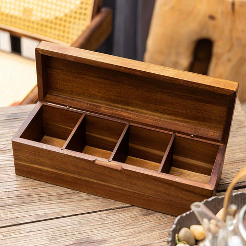 Flyiee Acacia tea bag organizer detailed side view reveals smooth finish and craftsmanship