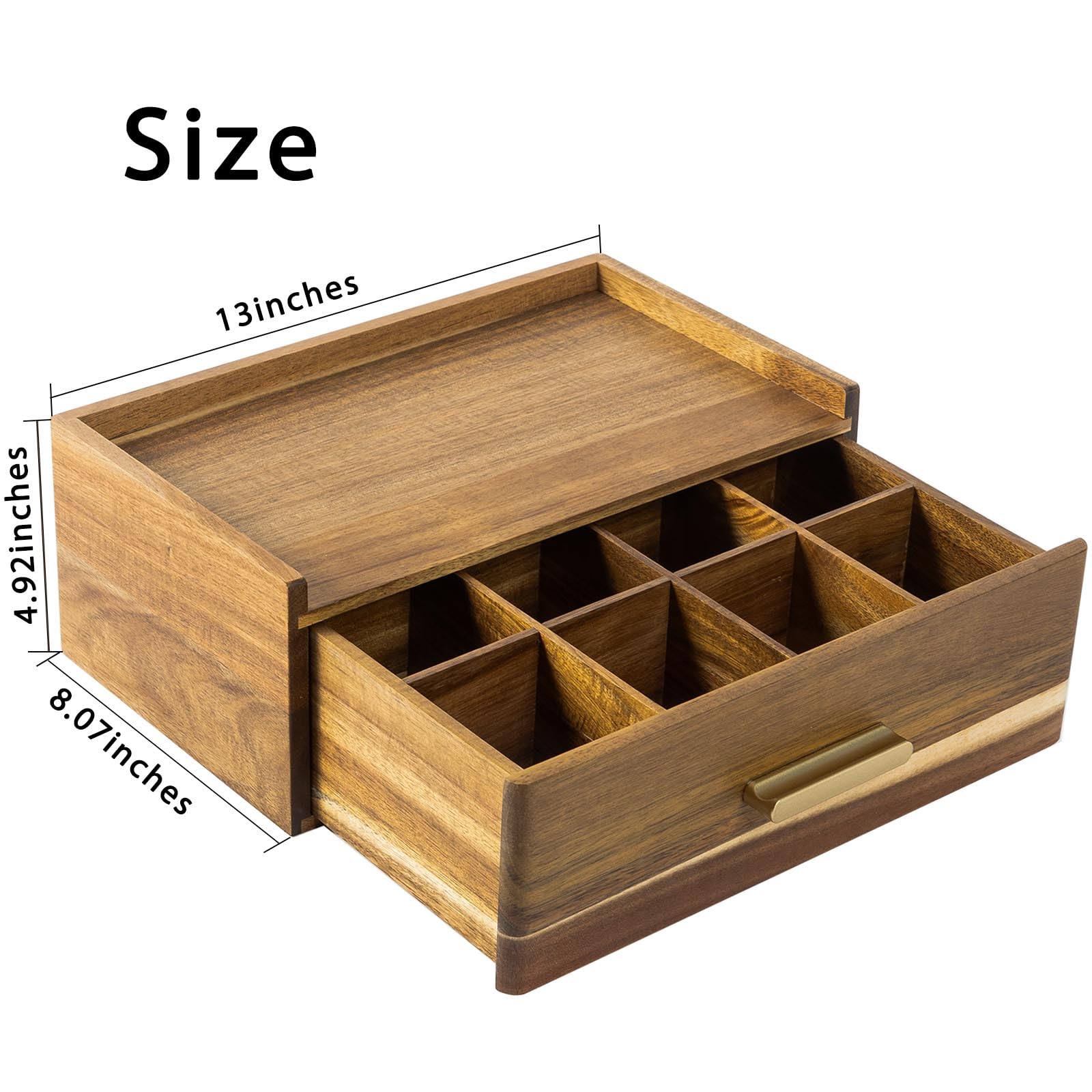 Flyiee Acacia Tea Bag Organizer drawer with gold pull adds upscale touch.