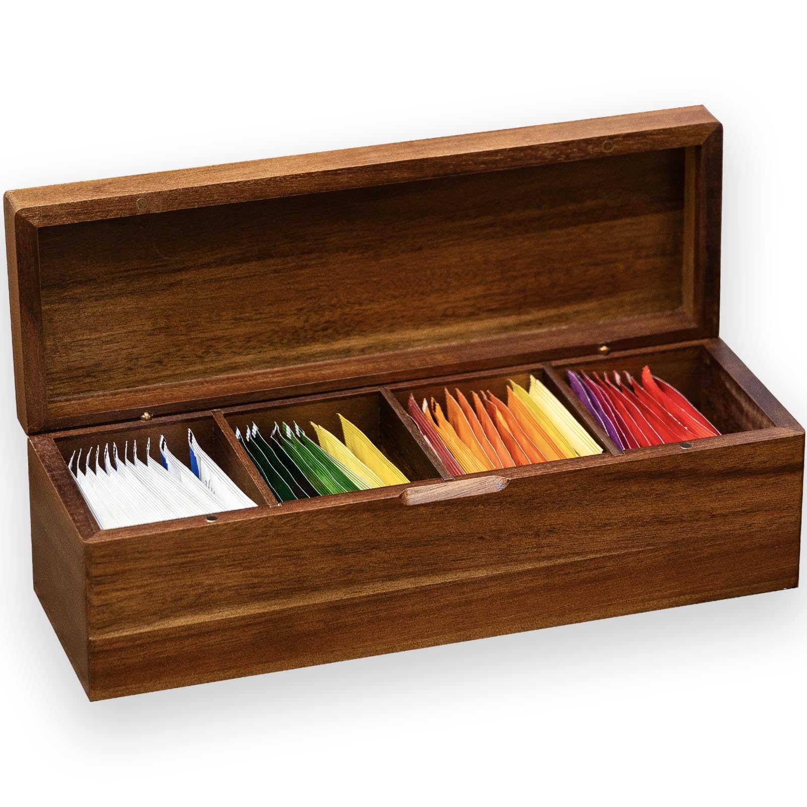 Flyiee Acacia tea bag organizer front view with four compartments for organized tea storage