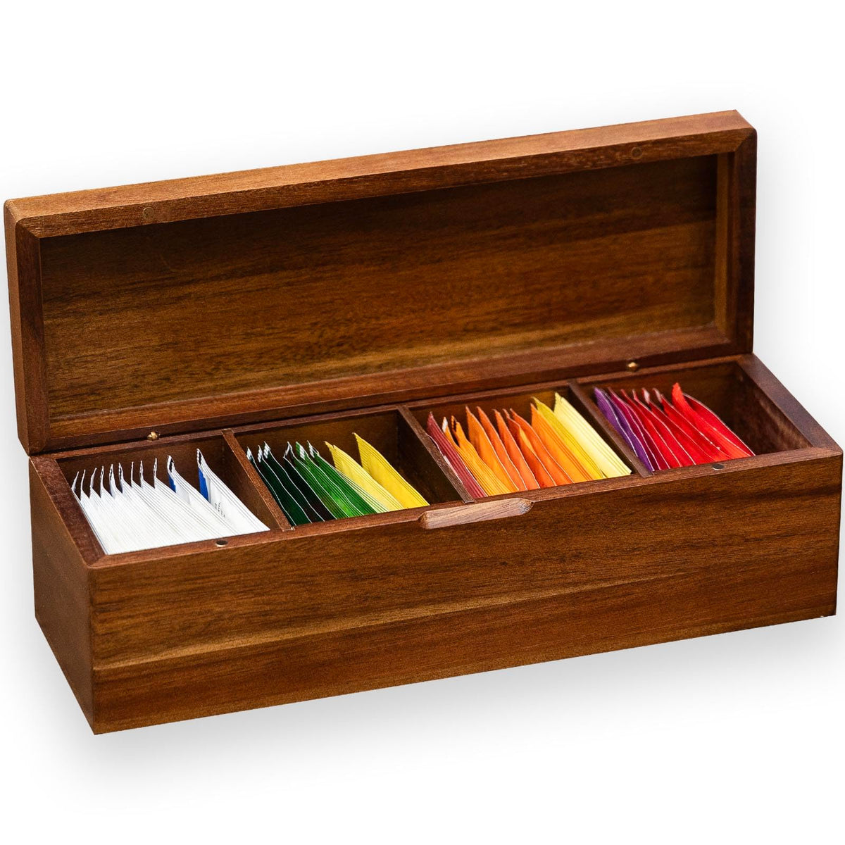 Flyiee Acacia tea bag organizer front view with four compartments for organized tea storage