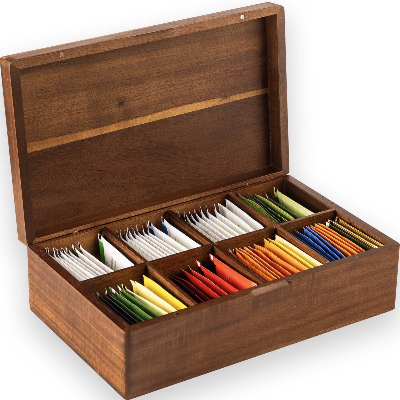 FLYIEE Acacia Tea Bag Organizer front view with premium wood grain and organized storage