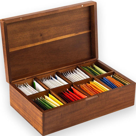 FLYIEE Acacia Tea Bag Organizer front view with premium wood grain and organized storage