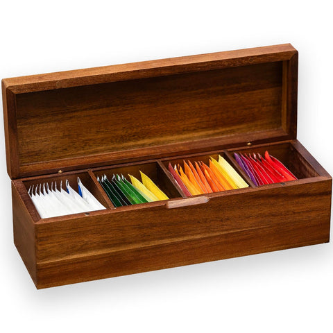 Flyiee Acacia tea bag organizer front view with four compartments for organized tea storage