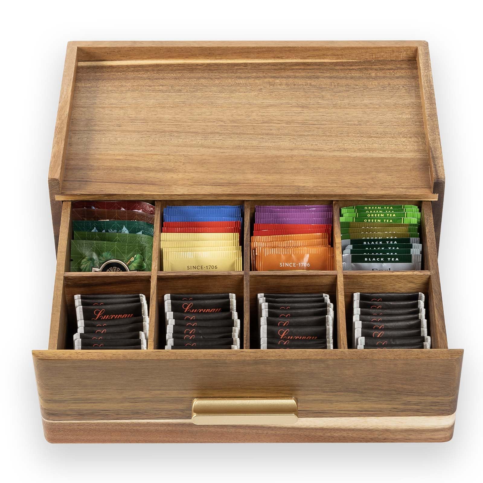 Flyiee Acacia wood organizer side angle shows sturdy construction.