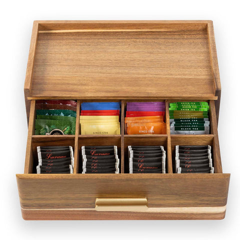 Flyiee Acacia wood organizer side angle shows sturdy construction.