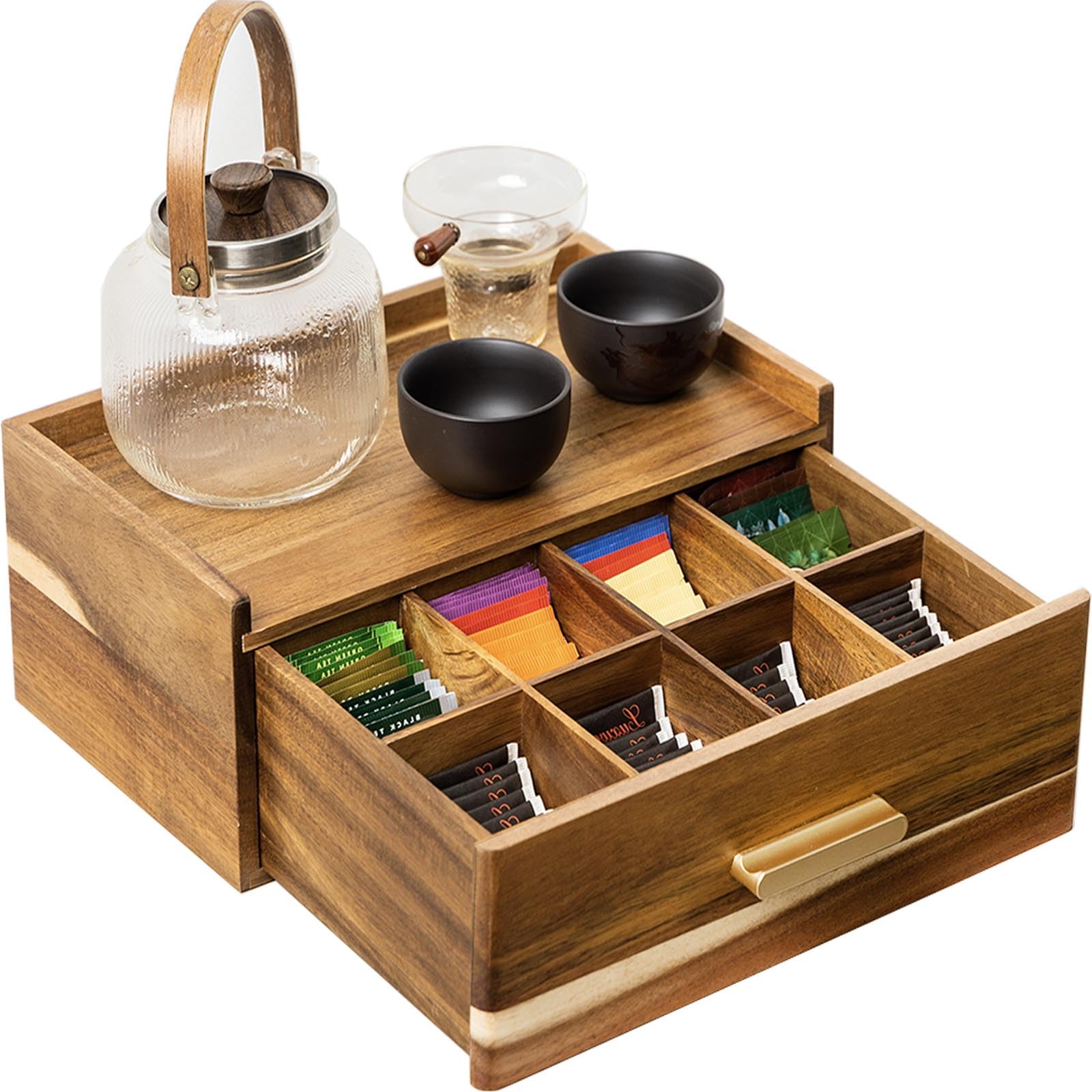 Flyiee Acacia Tea Bag Organizer top view shows spacious surface for accessories.