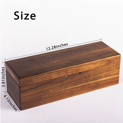 Flyiee Acacia tea bag organizer top view highlighting premium wood grain and design