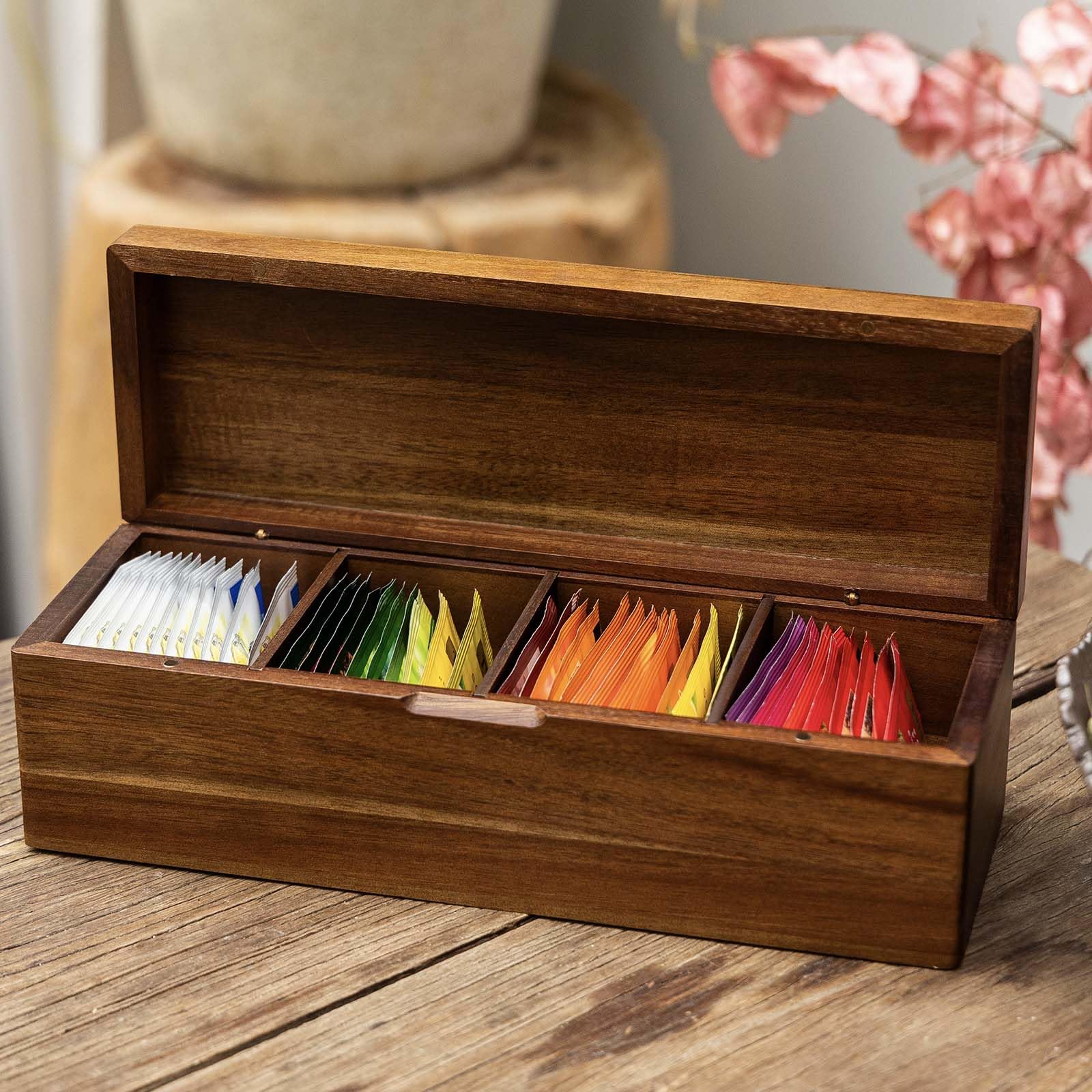 Flyiee Acacia tea-packet storage box emphasizes compact, sturdy acacia wood