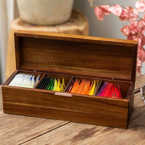 Flyiee Acacia tea-packet storage box emphasizes compact, sturdy acacia wood