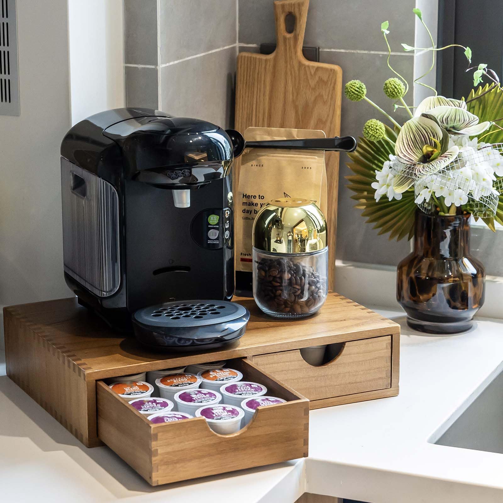FLYIEE coffee-bar decor stand adds warmth while keeping essentials within reach.