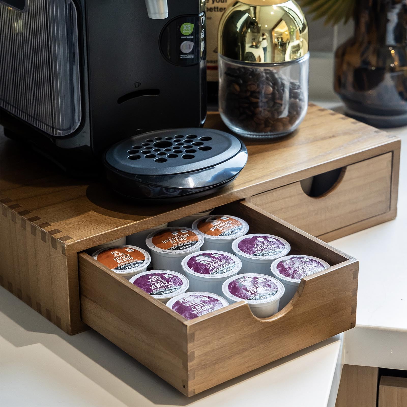 FLYIEE wooden K-Cup organizer with natural grain for stylish counter organization.