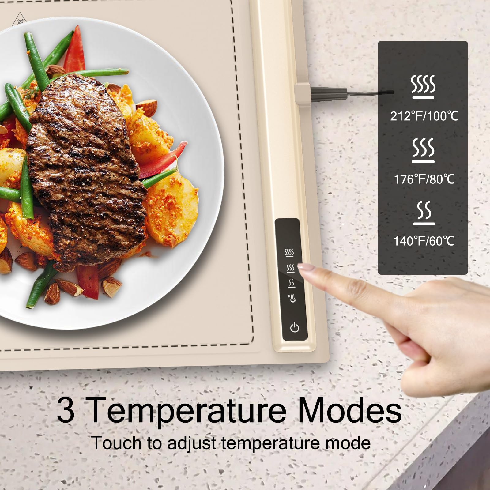 Flylipu warming tray with 3 settings dial for flexible heat levels.