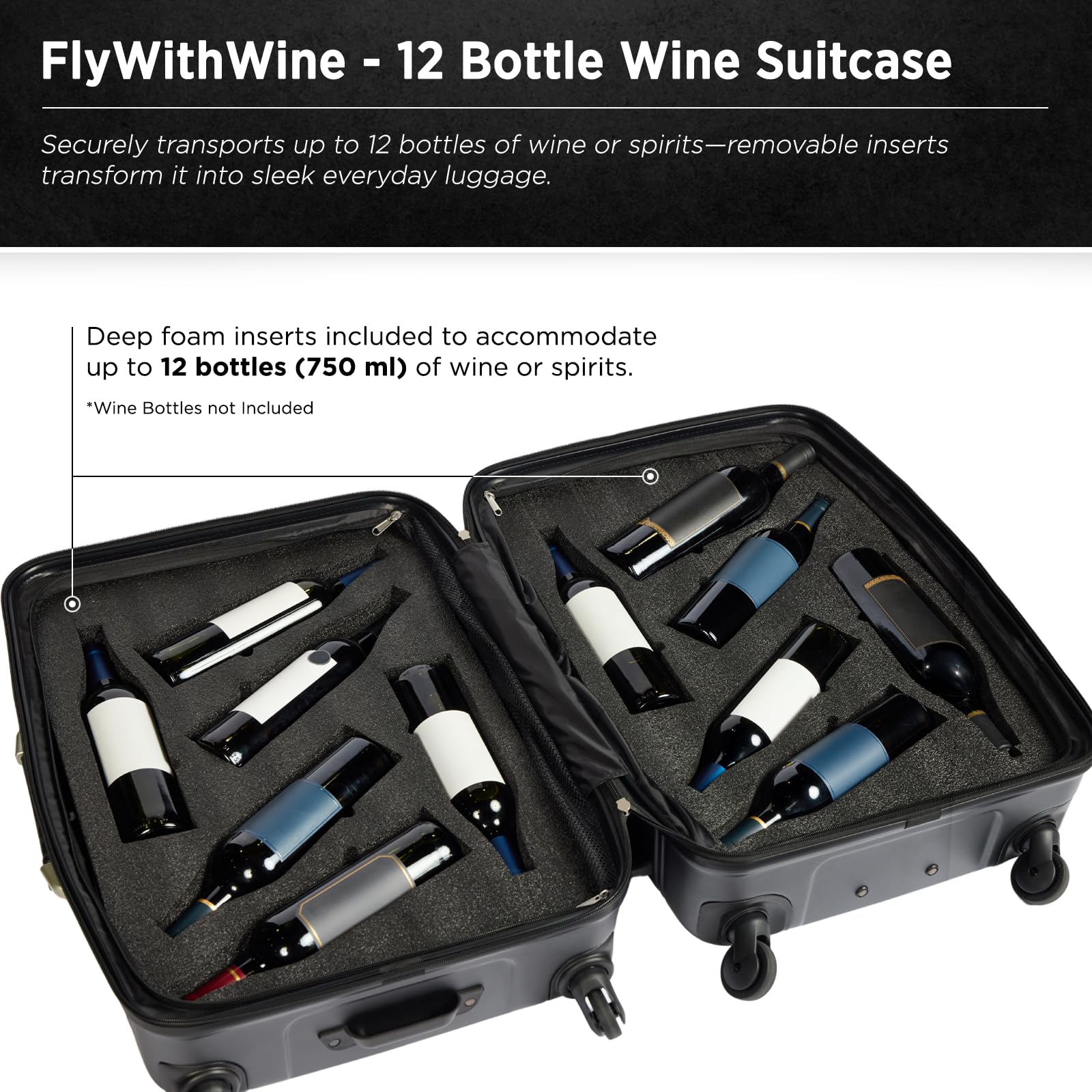 FlyWithWine Hinomoto 360-degree wheels enable smooth airport mobility.