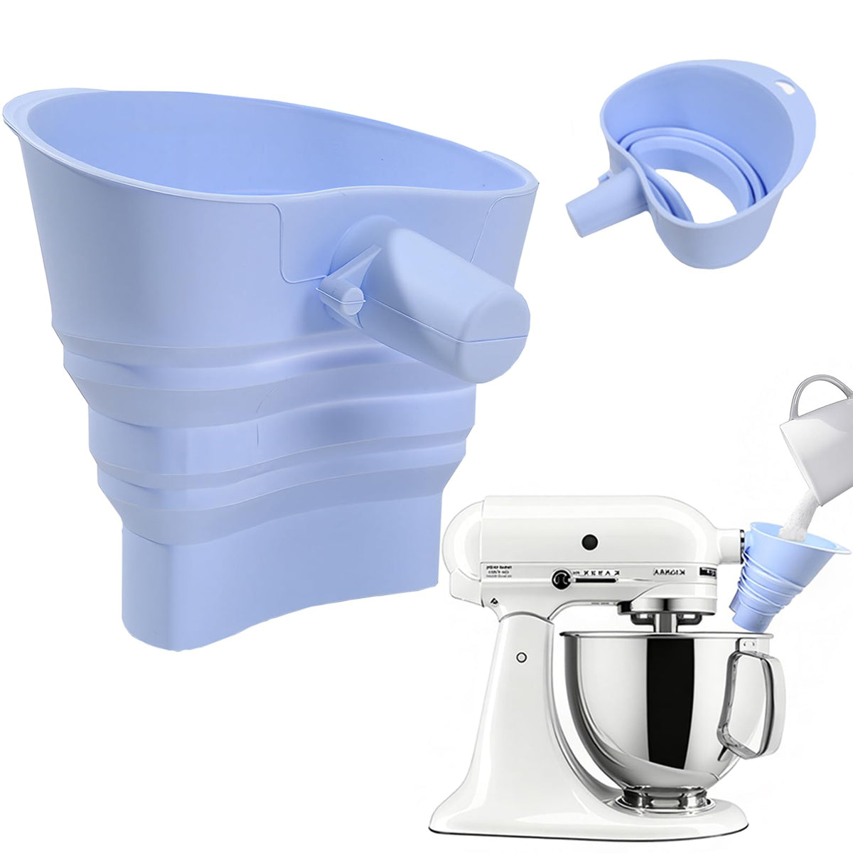 FMOYSIEN flour funnel foldable for KitchenAid keeps counters clean during pouring.